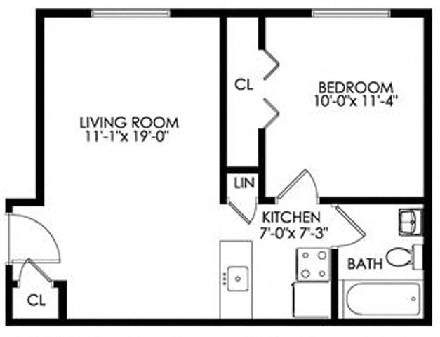 Floor plan for 1 bed, 1 bath, 502 sqft